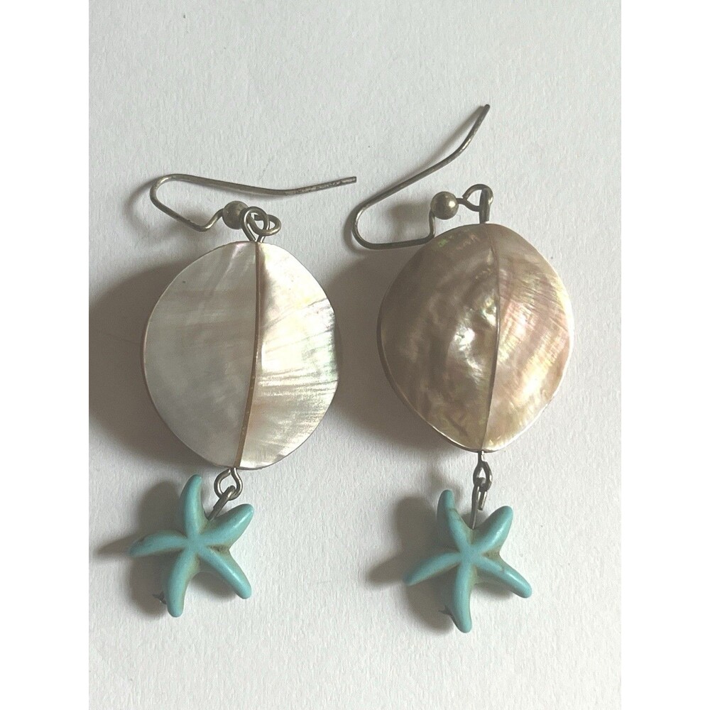 Iridescent Shell Starfish Dangle Earrings Aqua Blue Beach Coastal Boho Statement